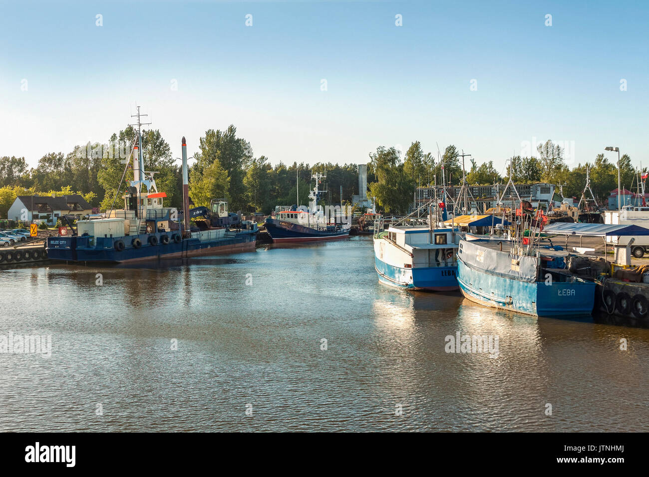 Fishing boats in Leba river port, Leba, Poland Stock Photo