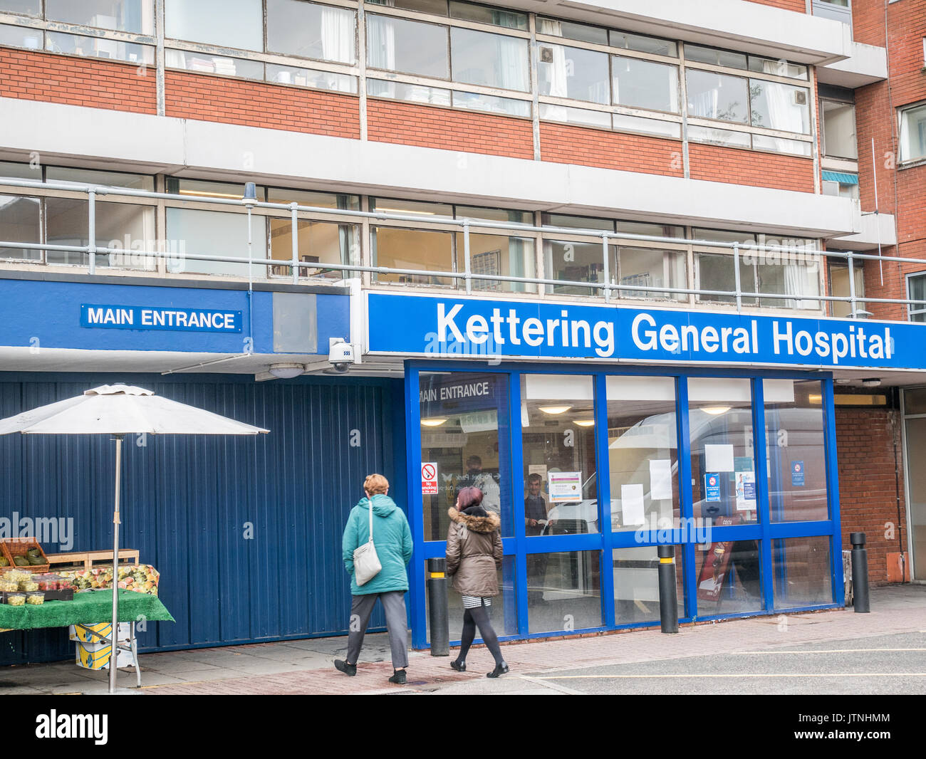The main entrance to the NHS hospital, Kettering, England Stock Photo