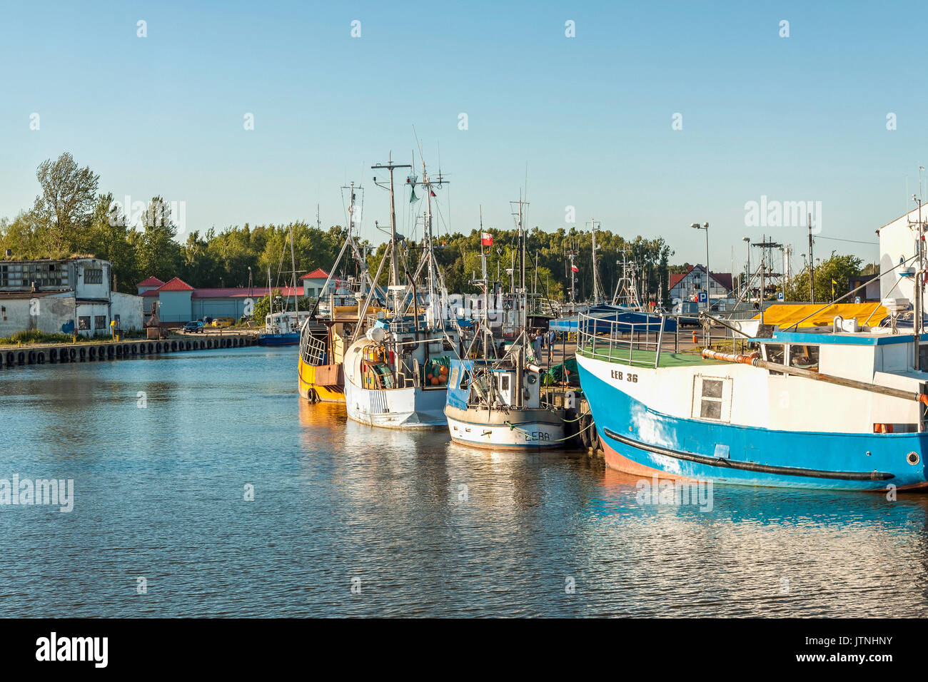 Fishing boats in Leba river port, Leba, Poland Stock Photo