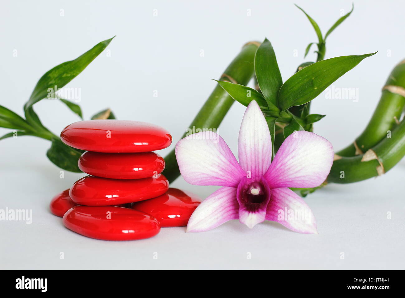 Red Pebbles Arranged In Zen Lifestyle With An Orchids On The Right Stock Photo Alamy