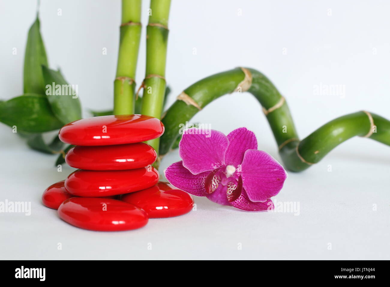 Red pebbles arranged in zen lifestyle with a dark pink orchids on the right side of the bamboo straight and twisted the whole on white background Stock Photo