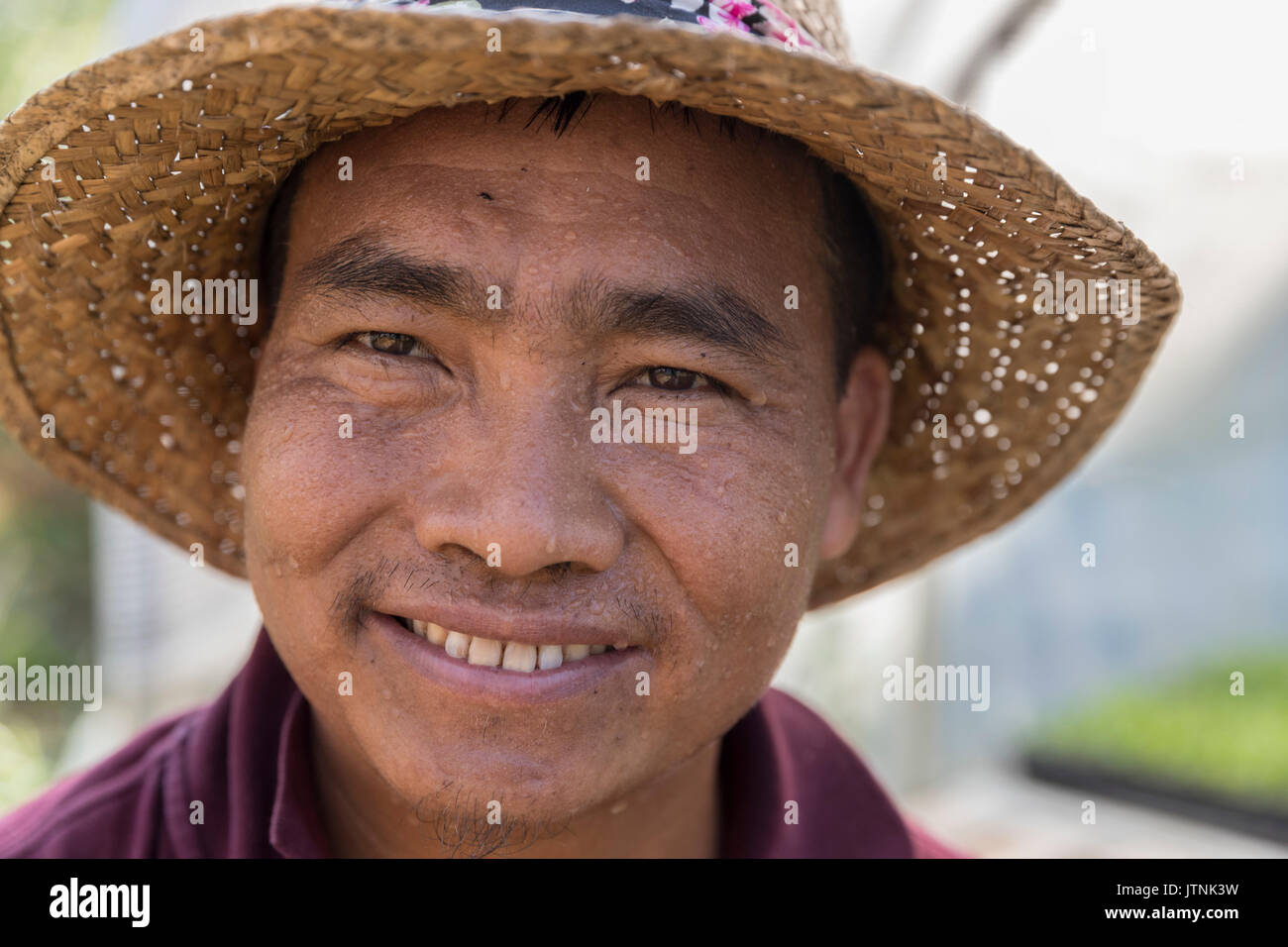 Than Ceu, at Global Growers, and urban farm in Stone Mountain, GA. He is a refugees from Myanmar and uses plots provided by Global Growers. Stock Photo