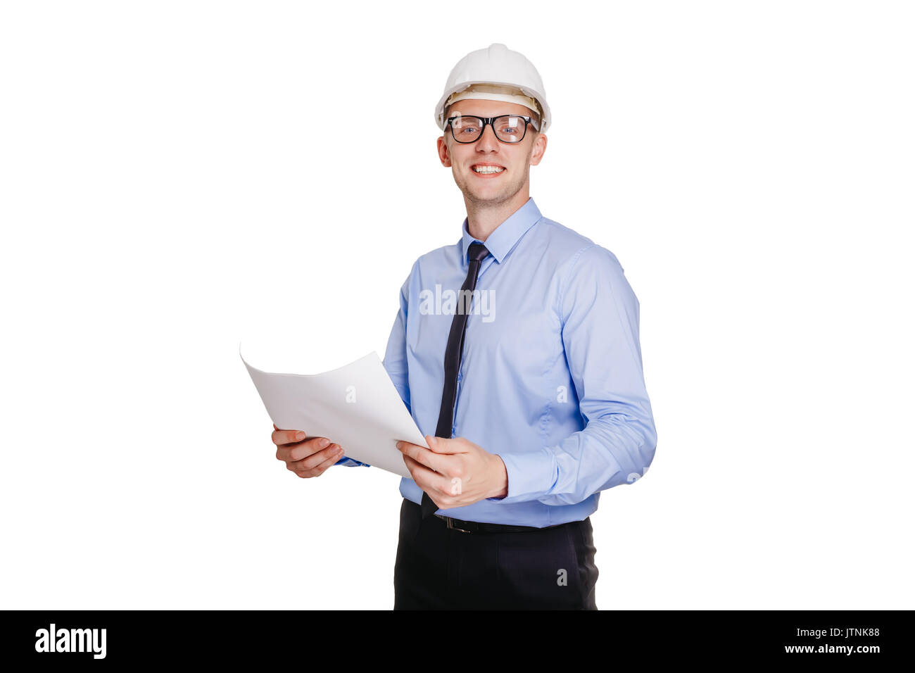 Handsom construction engineer with blueprint looking at the camera. Isolated on white. Stock Photo