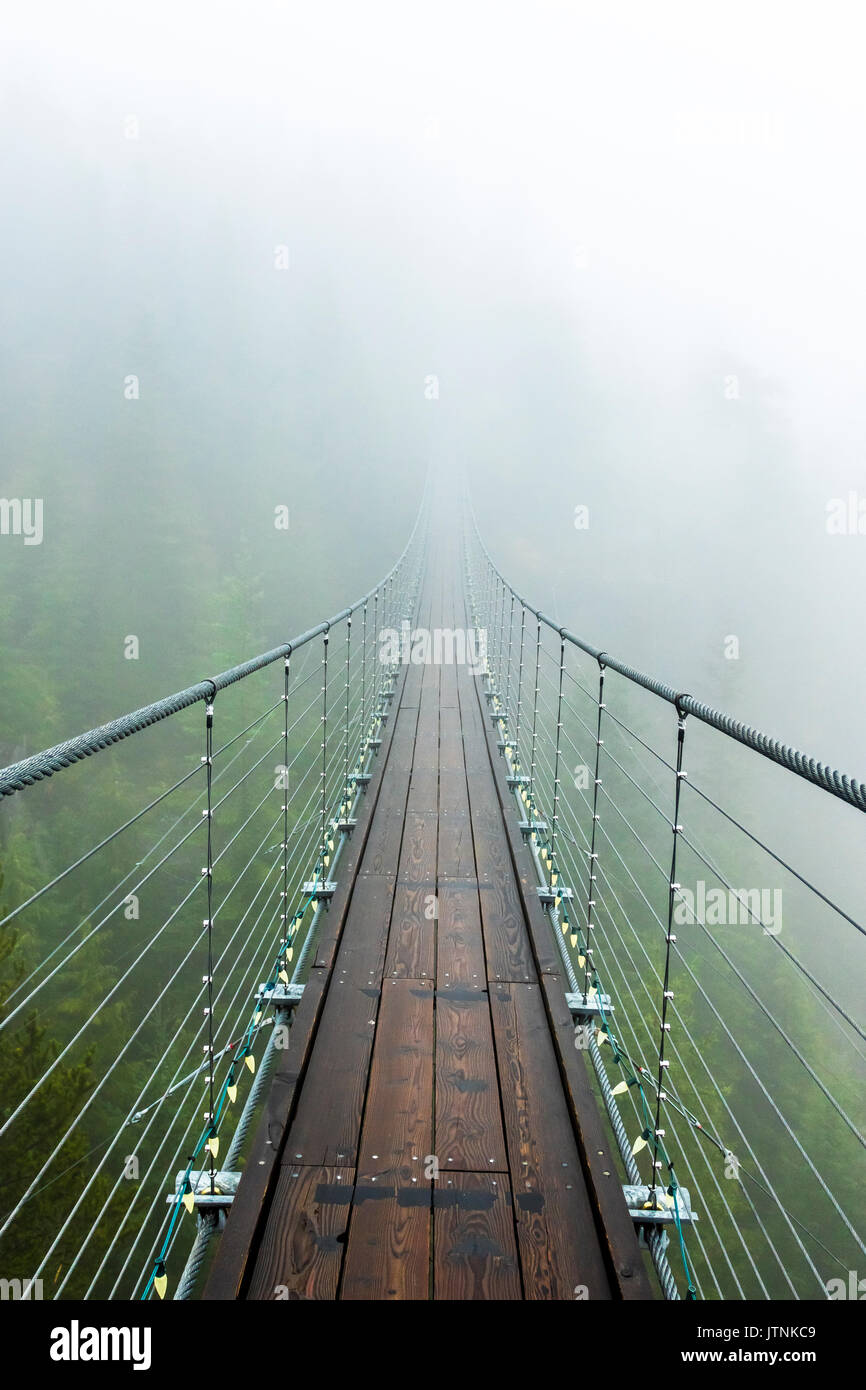 A suspension bridge extends into the mist on a rainy fall day Squamish, British Columbia. Stock Photo