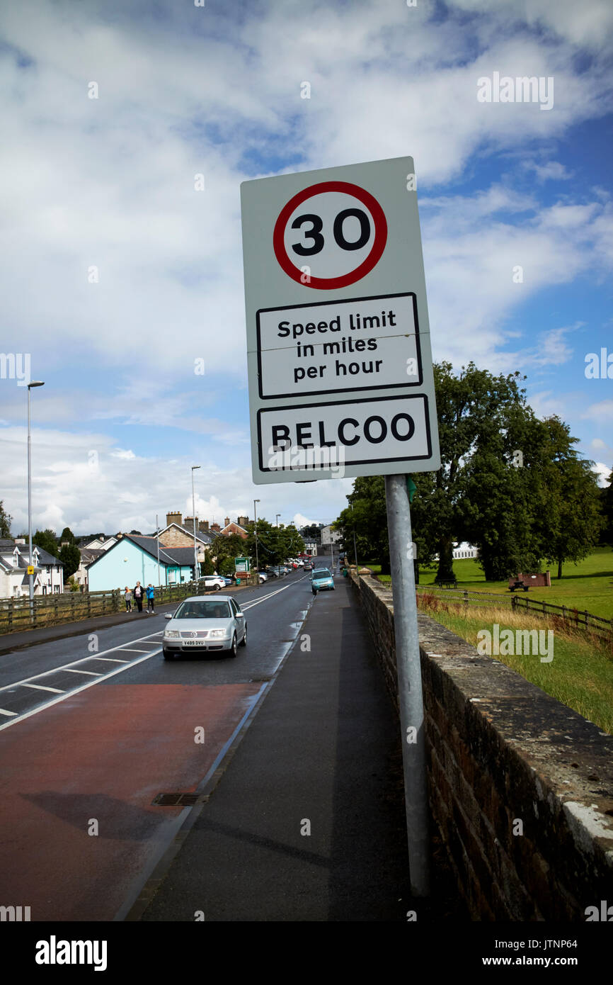 speed limit in miles per hour sign on land border between northern ireland and the republic of ireland in belcoo - blacklion looking into northern ire Stock Photo