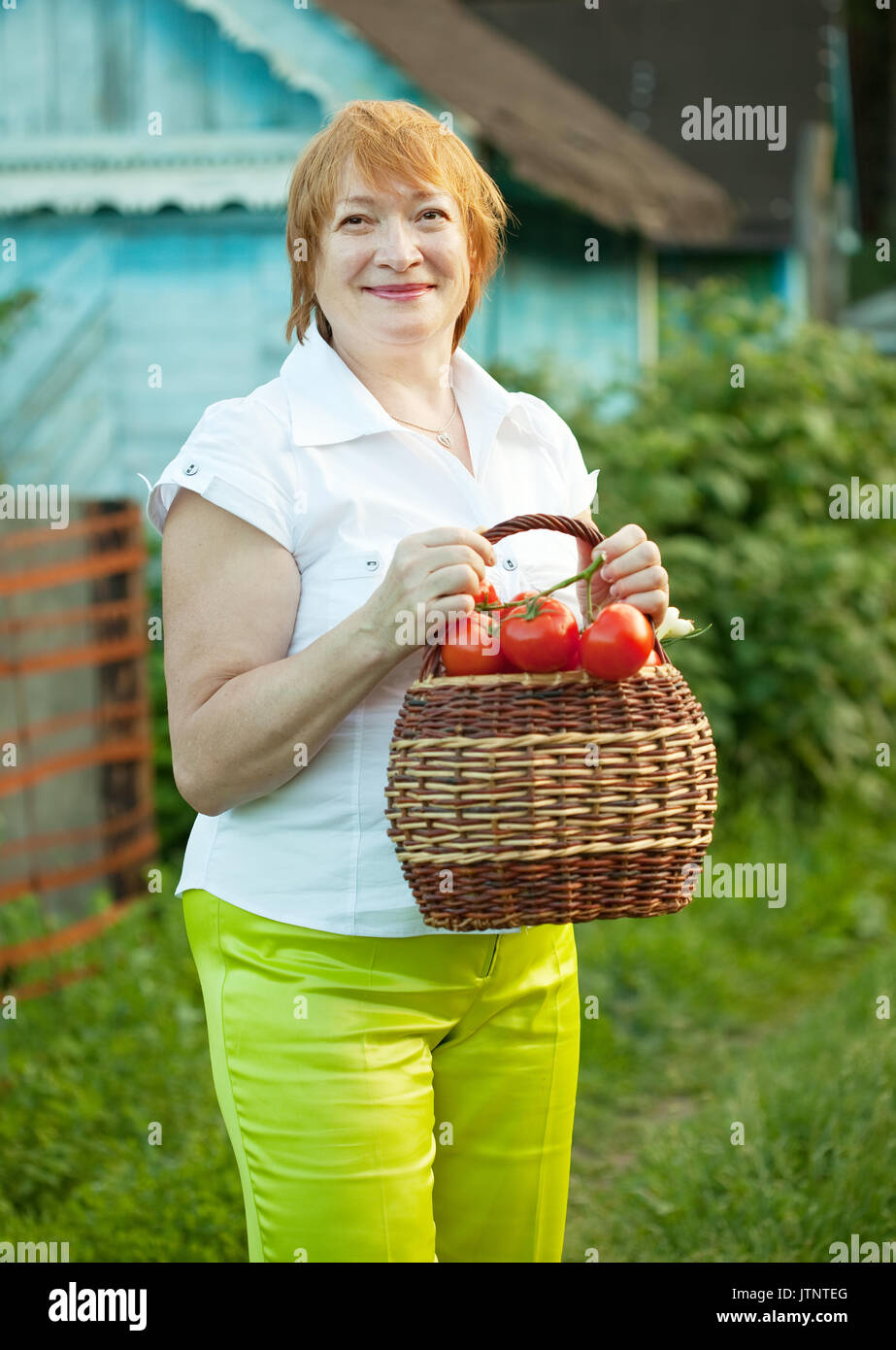 Happy mature woman with tomatoes harvest Stock Photo - Alamy