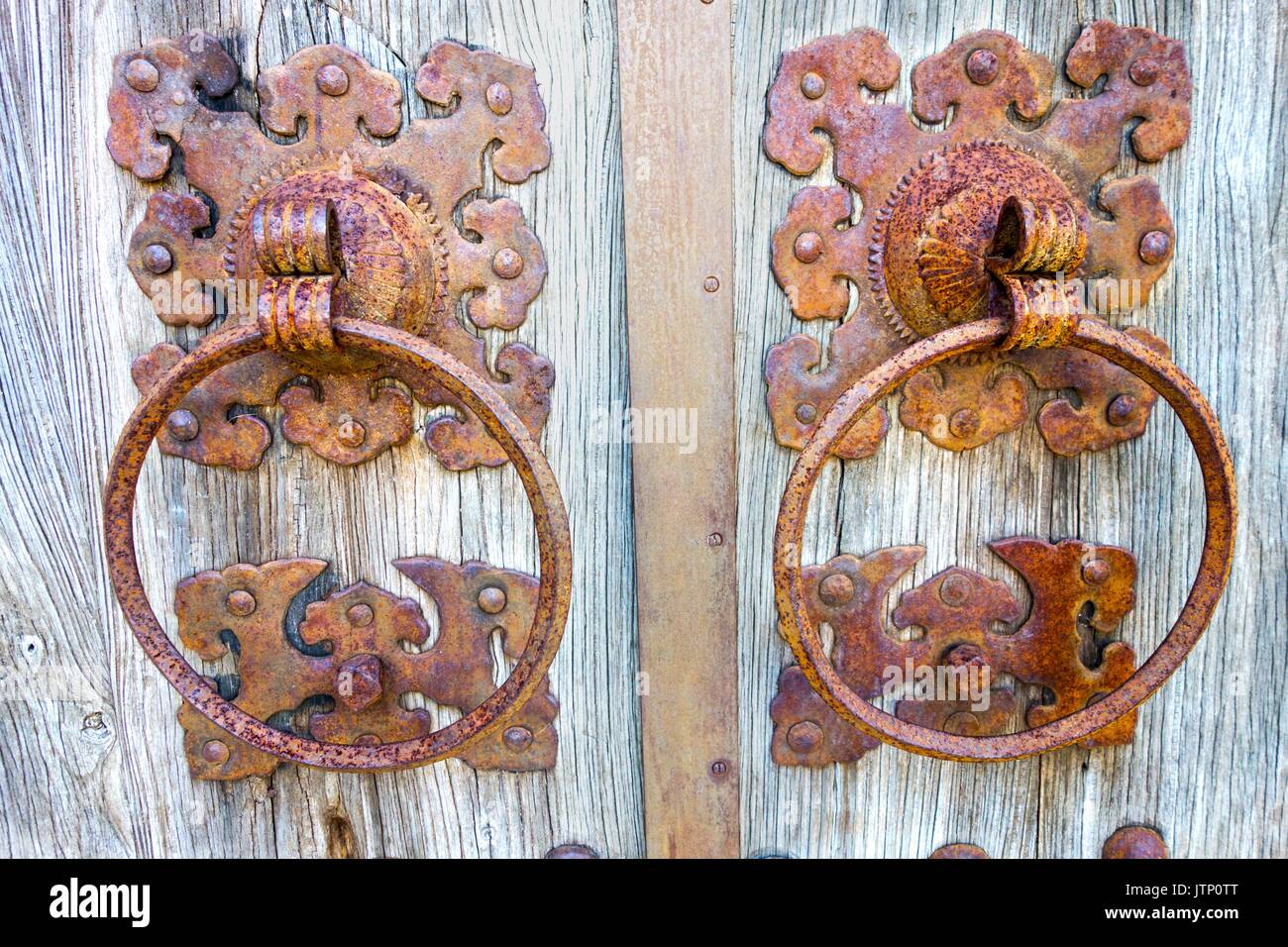 Rusted Iron Ring Locks Handle Old Character Wood Gate Vintage Spanish