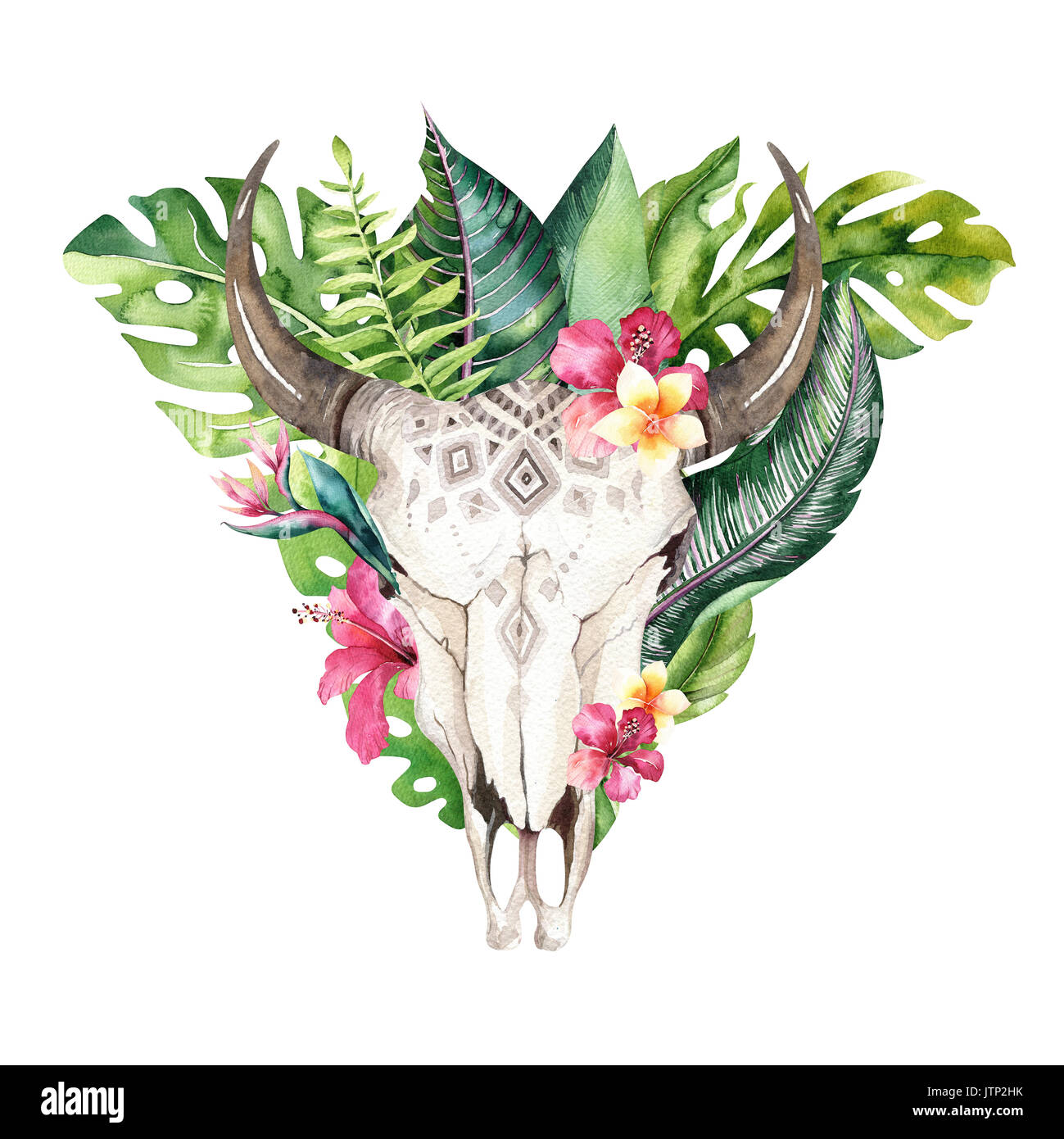 Watercolor bohemian cow skull and tropic palm leaves. Western deer ...