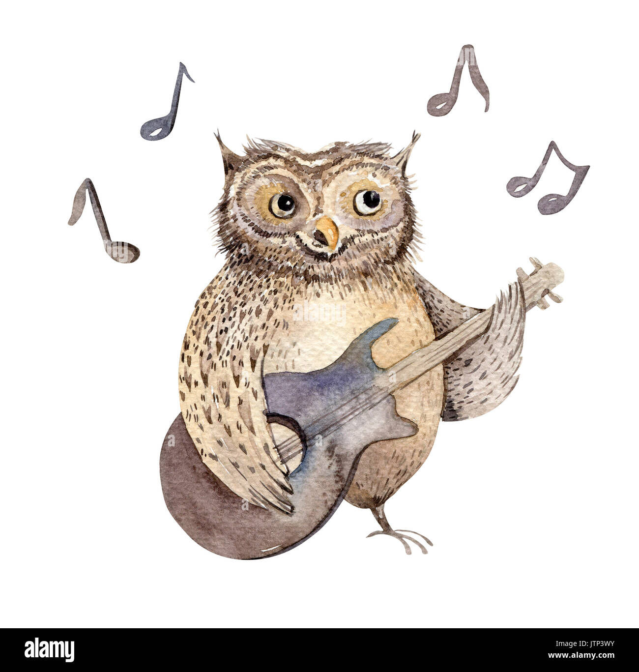 Hand drawn watercolor owl playing music animal. Boho nursery decoration illustration, musical trendy art. Perfect for fabric design. gutar children collection. Stock Photo