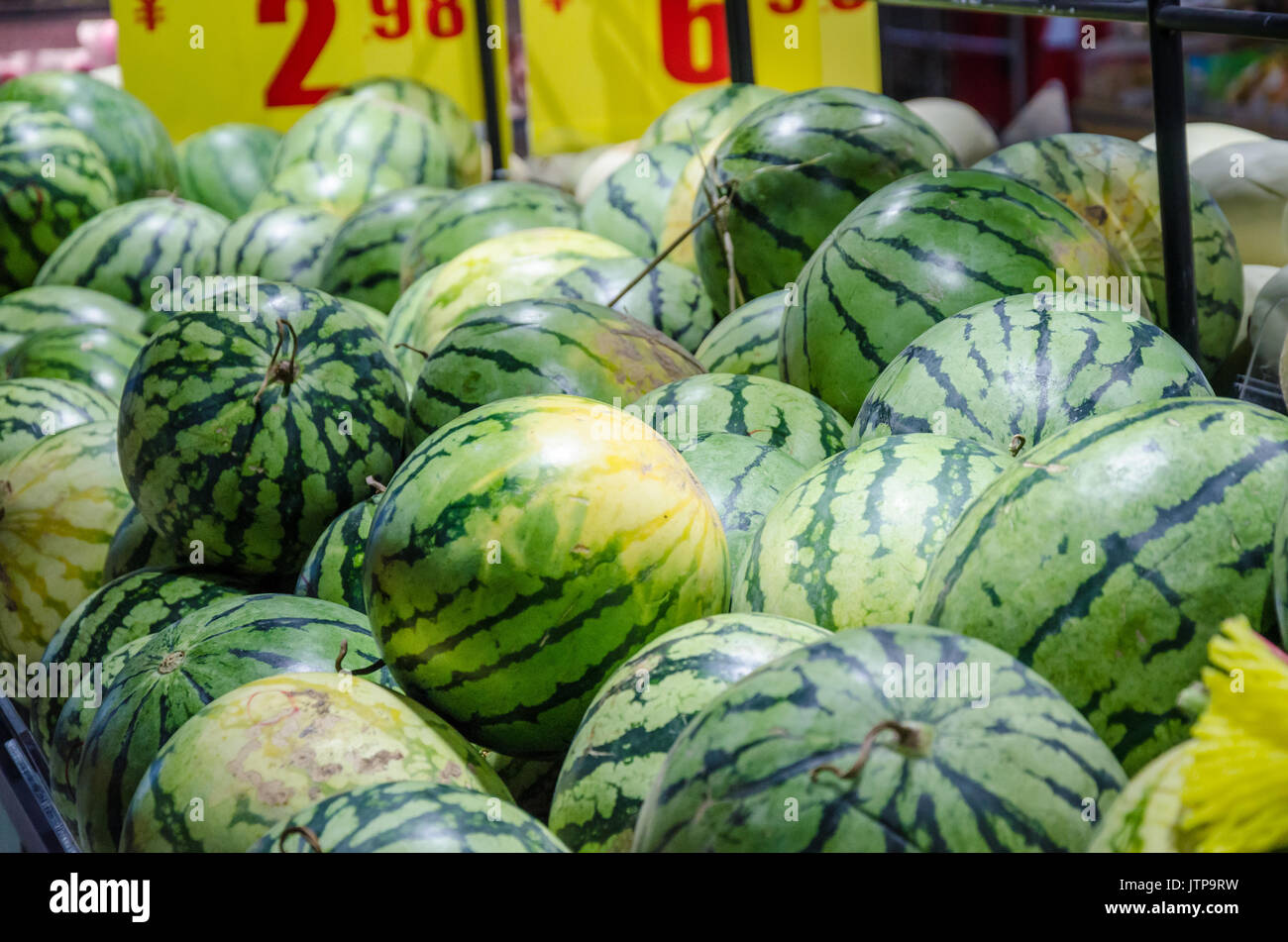 Watermelons on sale in a supermarket. Stock Photo