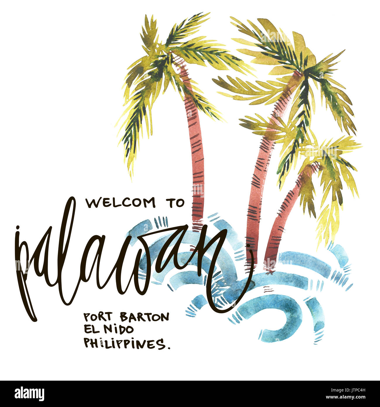 Vintage watercolor summer palawan print with typography design, palm trees and lettering. Tropical set, fashion , T-shirt . Stock Photo