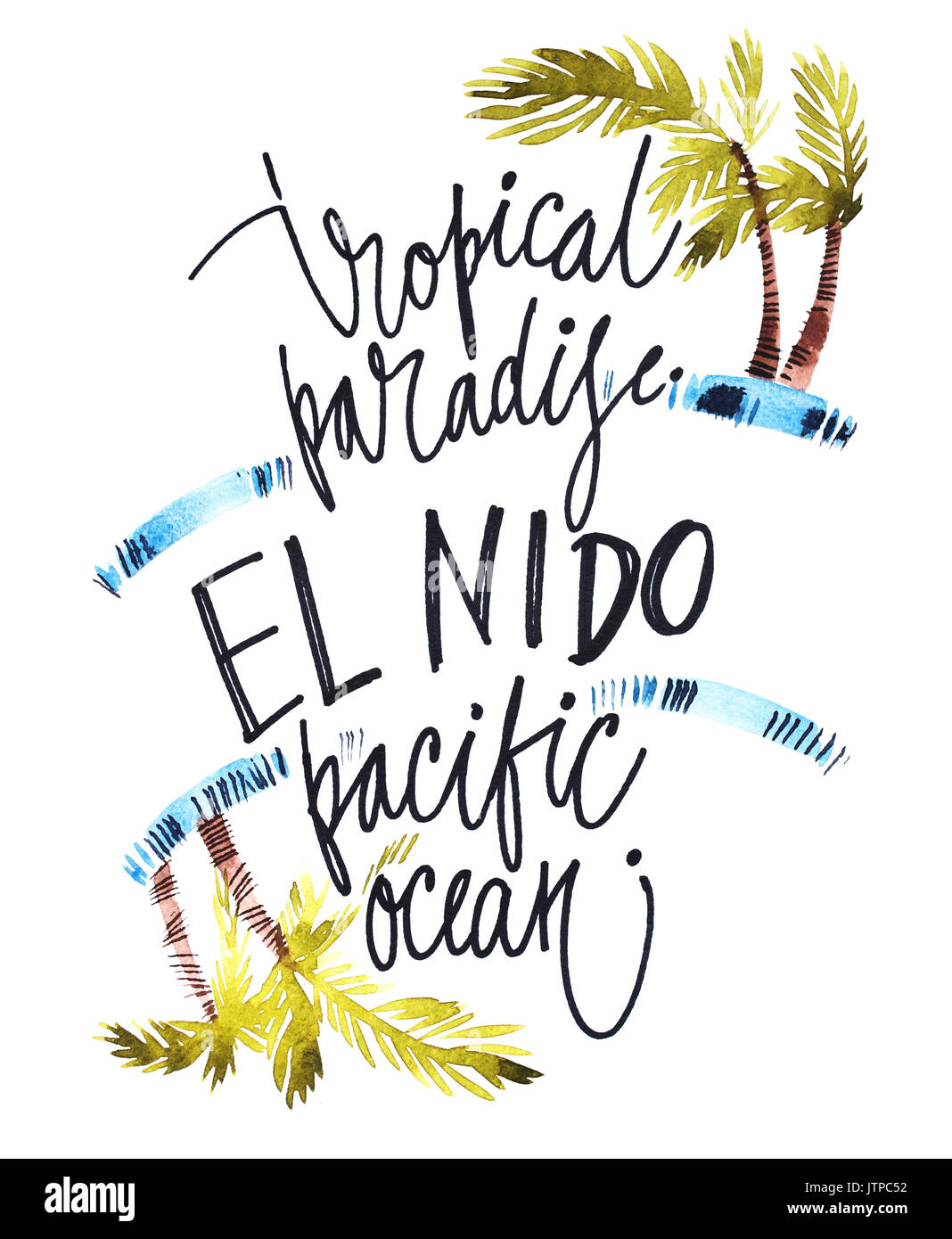 Vintage watercolor summer welcom philippines print with typography design, palm trees and lettering. Tropical set, fashion , T-shirt . Stock Photo
