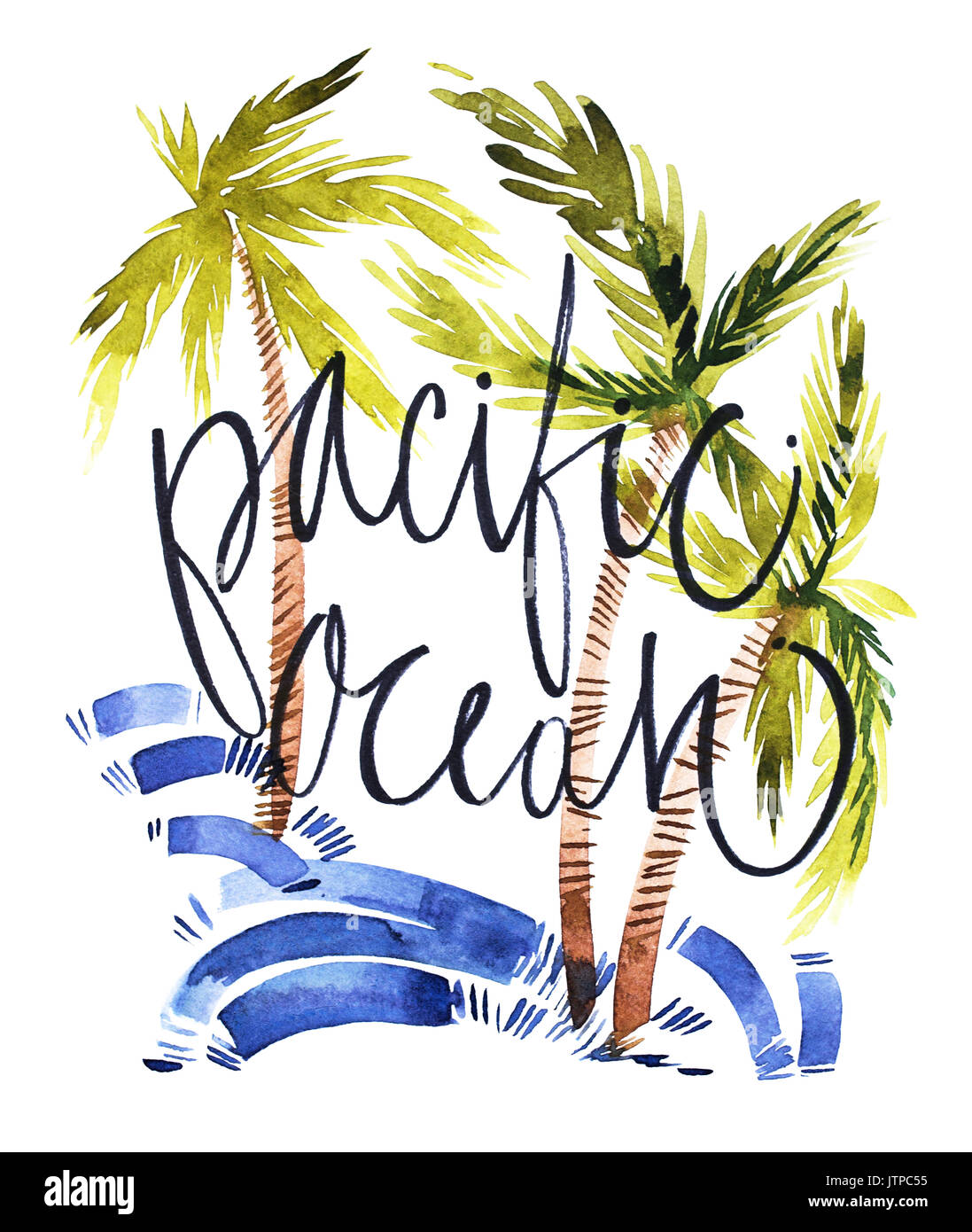 Vintage watercolor summer Pacific ocean print with typography design, palm trees and lettering. Tropical set, fashion , T-shirt . Stock Photo
