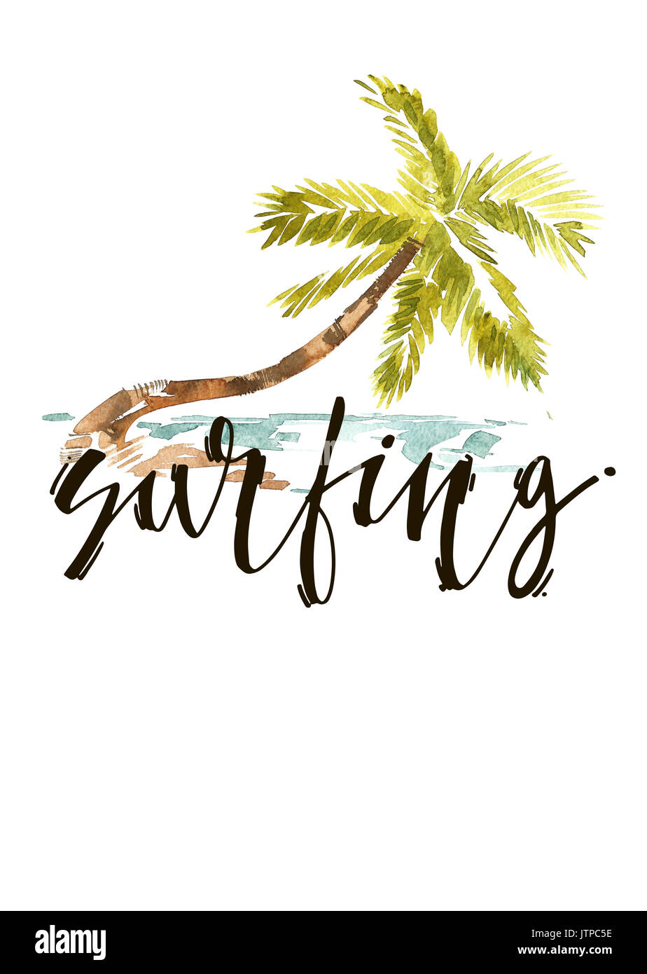 Vintage watercolor summer surfing with typography design, trees and lettering. Tropical set, fashion , T-shirt . Stock Photo