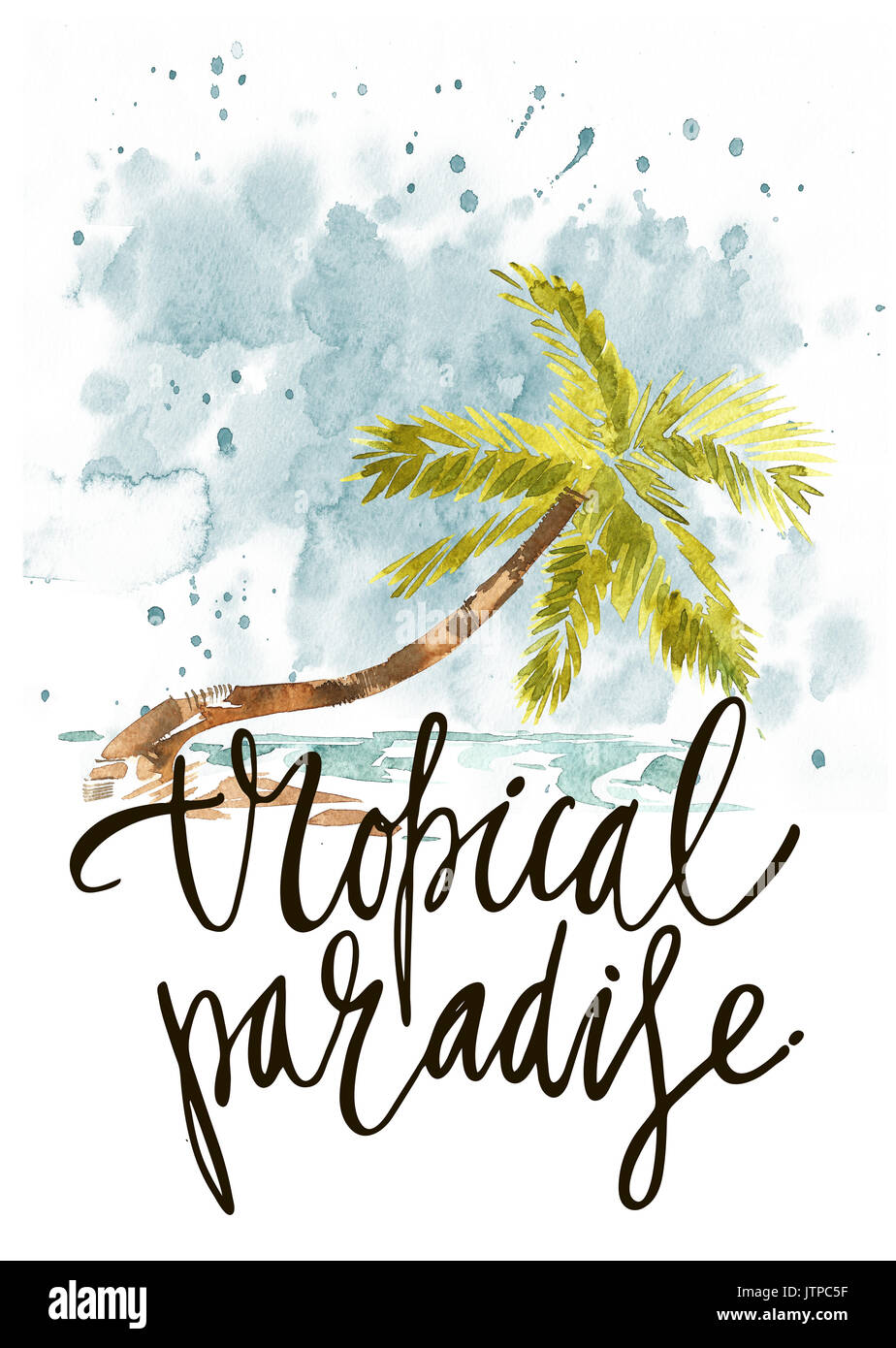 Vintage watercolor summer tropical paradise with typography design, trees and lettering.  set, fashion , T-shirt . Stock Photo