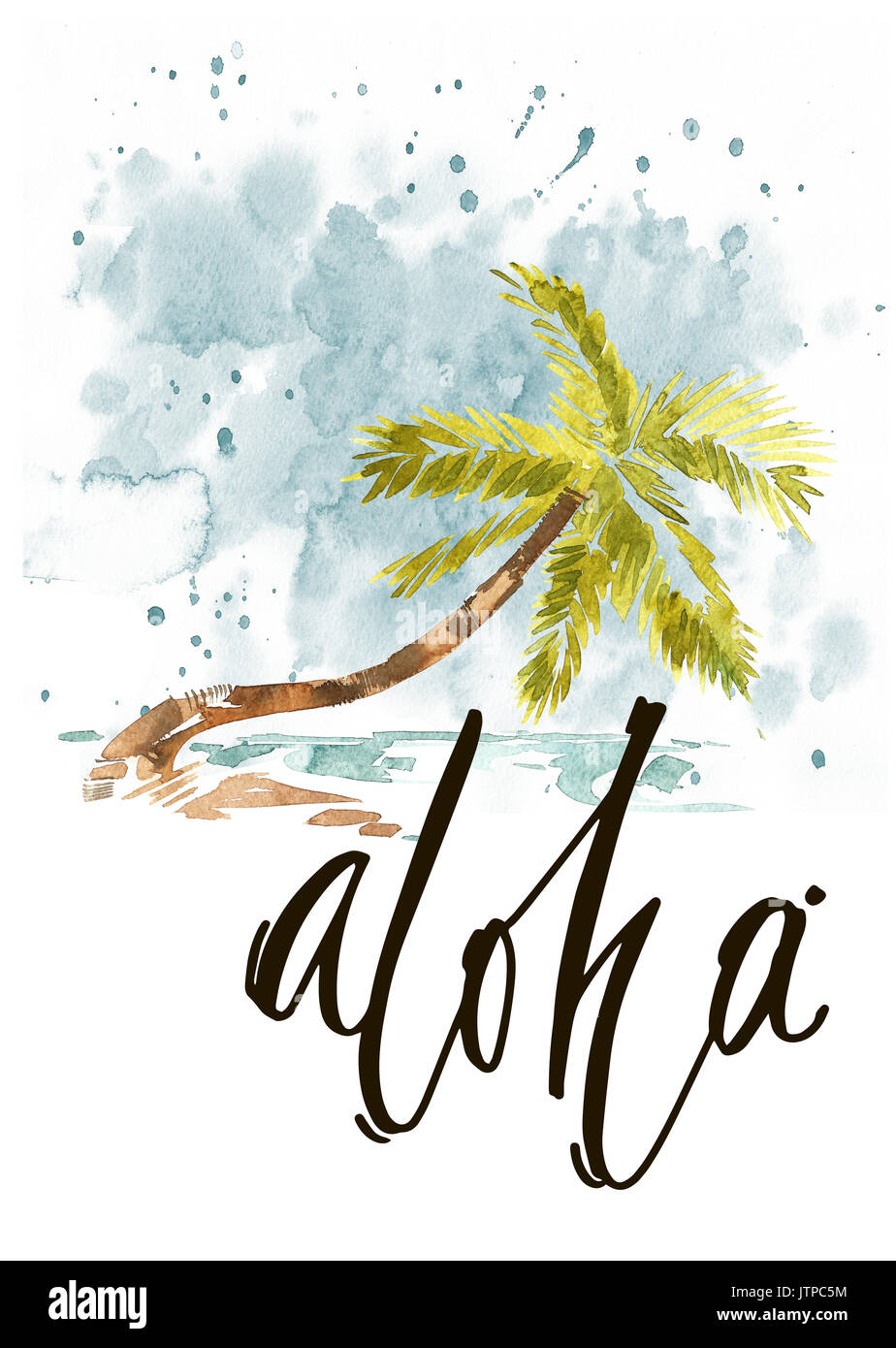 Vintage watercolor summer pacific ocean print with typography design, palm trees and lettering. Stock Photo