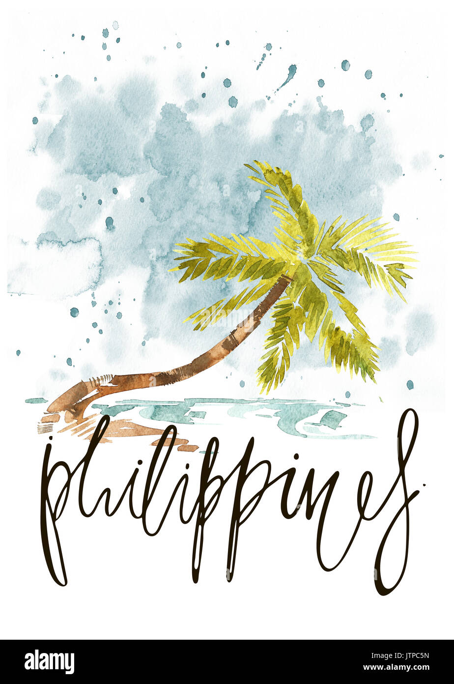 Vintage watercolor summer pacific ocean print with typography design, palm trees and lettering. Stock Photo