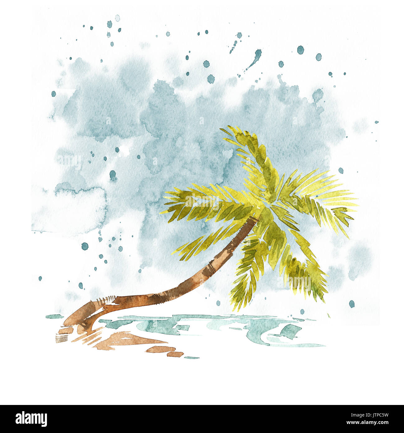 Vintage watercolor palm trees and waves card Stock Photo