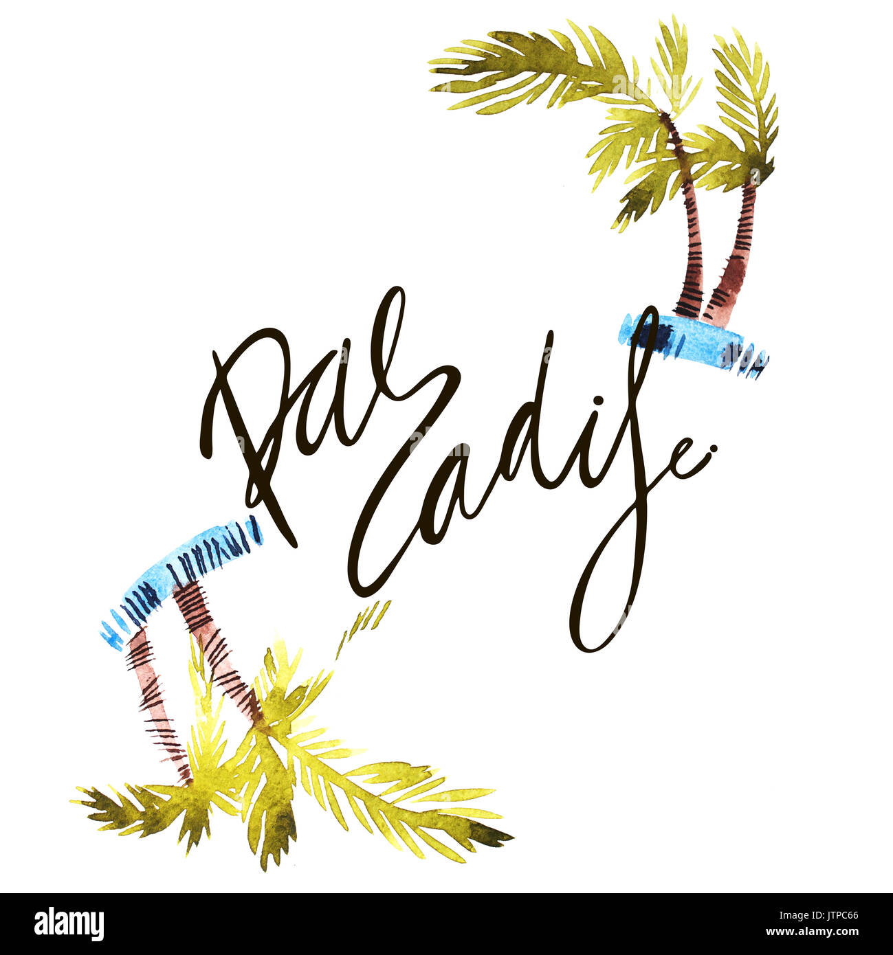 Vintage watercolor summer paradise print with typography design, palm trees and lettering. Tropical set, fashion , T-shirt . Stock Photo