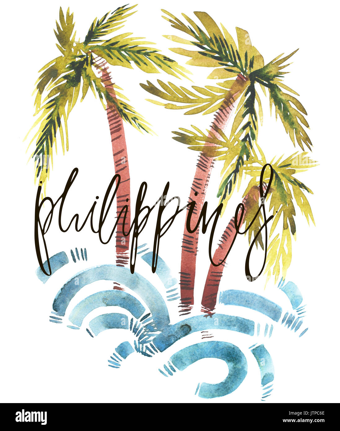 Vintage watercolor summer Philippines print with typography design, palm trees and lettering. Tropical set, fashion , T-shirt . Stock Photo