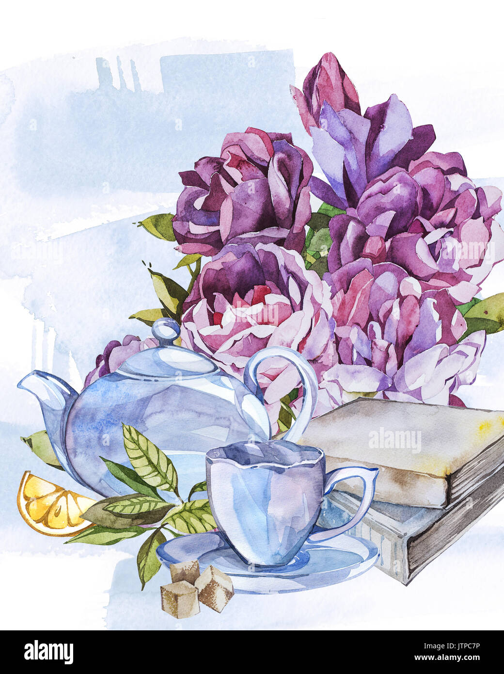Collection of watercolor illustration on the theme tea Stock Photo - Alamy