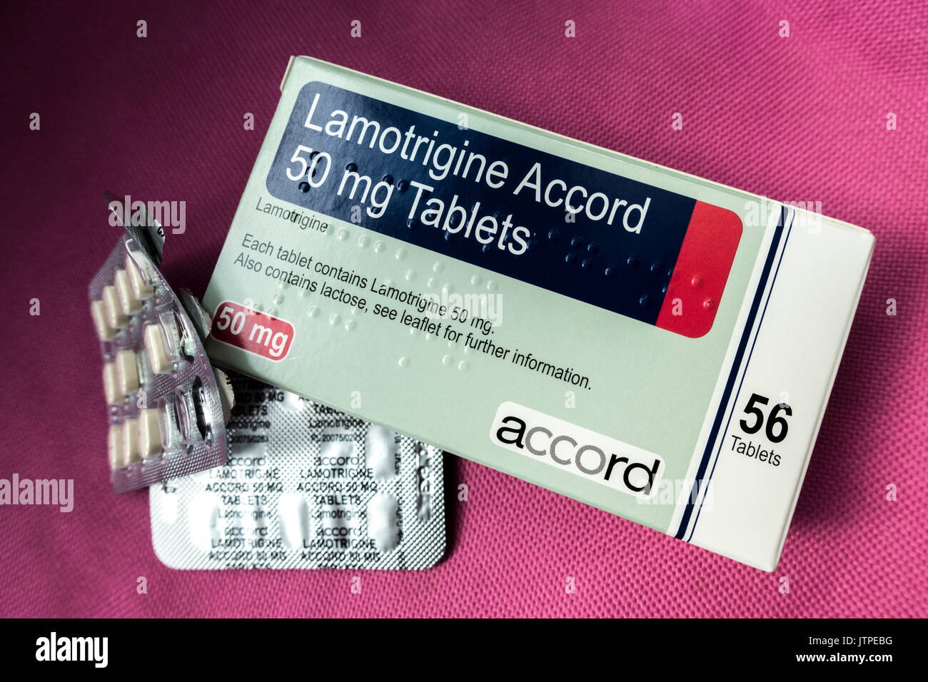 A 56 tablets pack of Lamotrigine Accord, an anticonvulsant drug for treatment of epilepsy and bipolar disorders. Stock Photo
