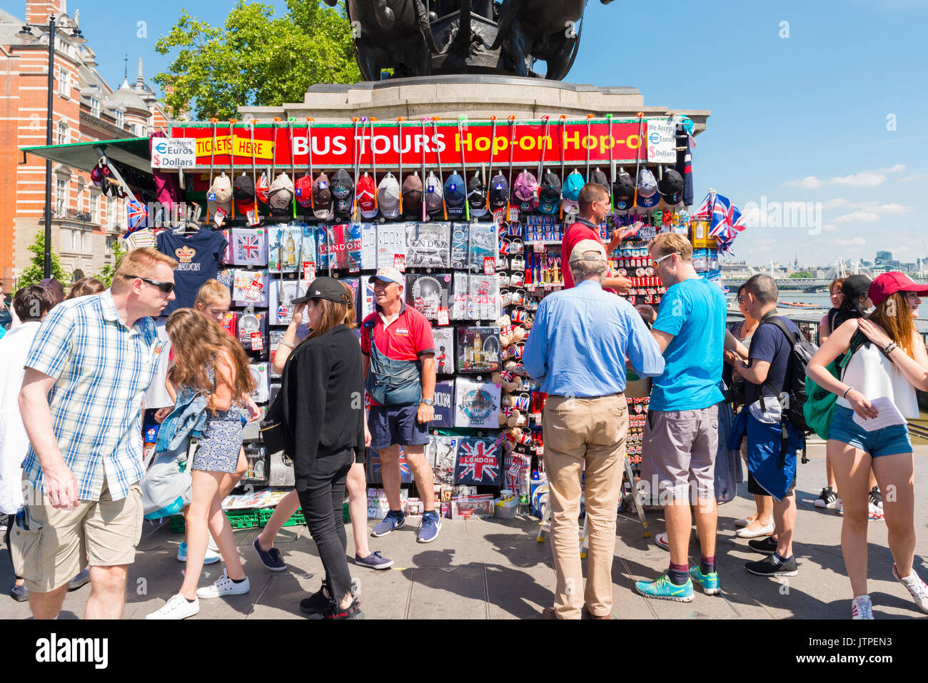 UK London Westminster Bridge tourist souvenirs stall kiosk mementos