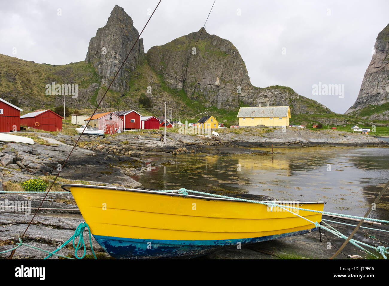 Sanna boat in old former fishing village on remote Sanna island, Træna, Nordland county, Norway, Scandinavia Stock Photo