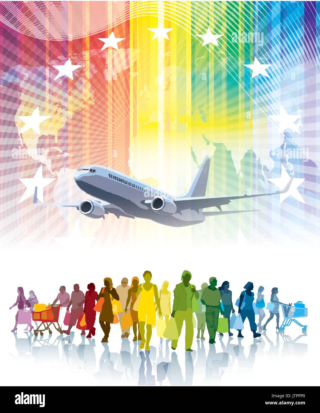 Colorful crowd of shopping people, flying airplane and a world map in the background. Stock Vector