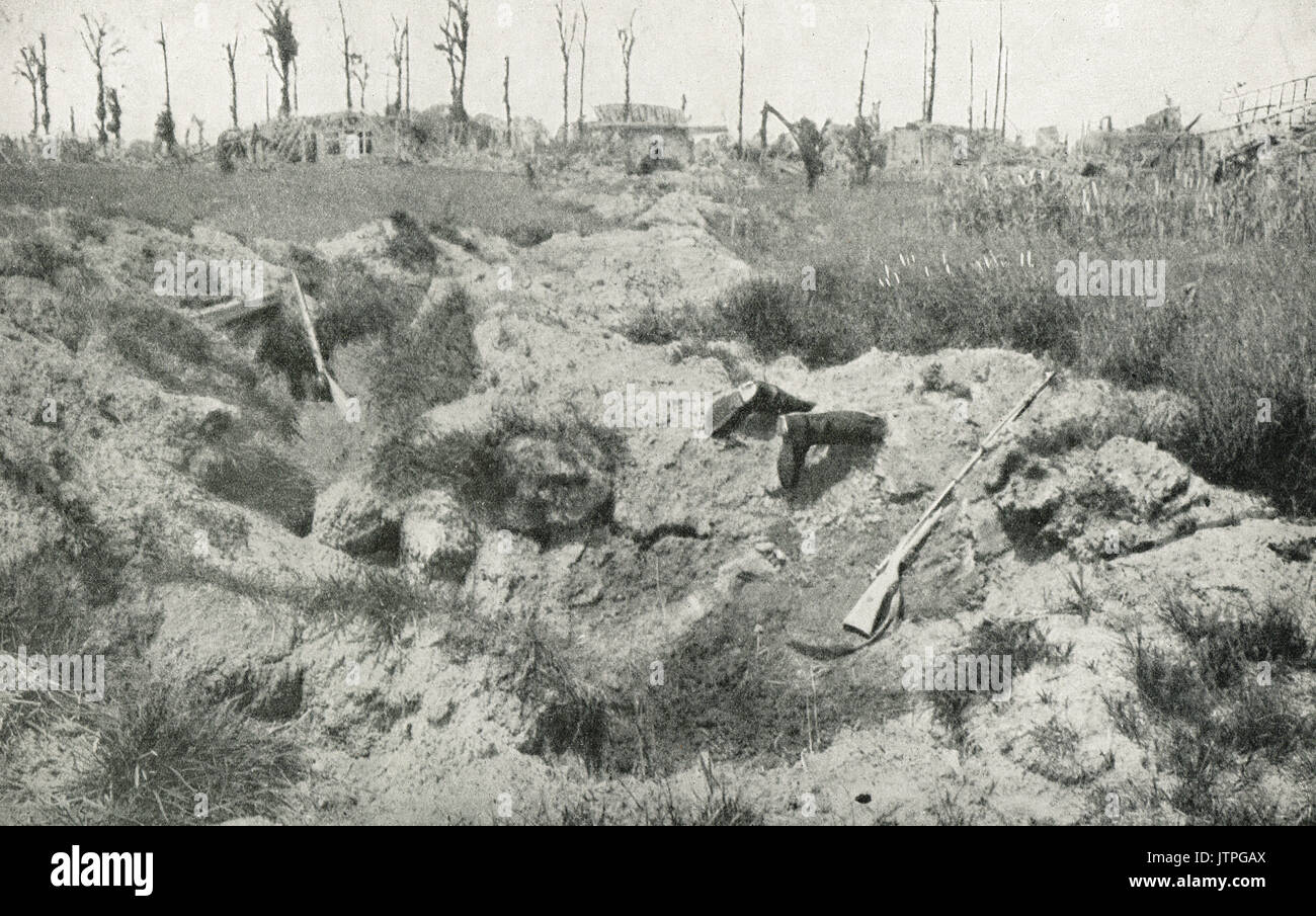 Deadly aftermath of shelled trench, WW1 Stock Photo