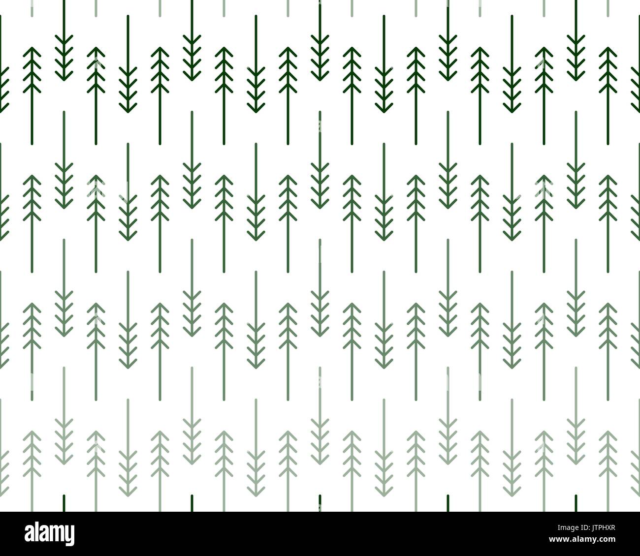 Scandinavian geometric pattern with stylized linear fir and pine trees in shades of green on white background. Print for Christmas wrap paper or moder Stock Vector