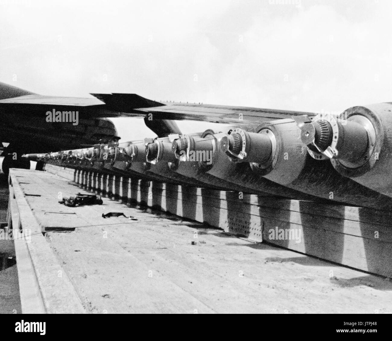 Bombs lined up as preparations are made for LINEBACKER Operations over North Vietnam. Stock Photo