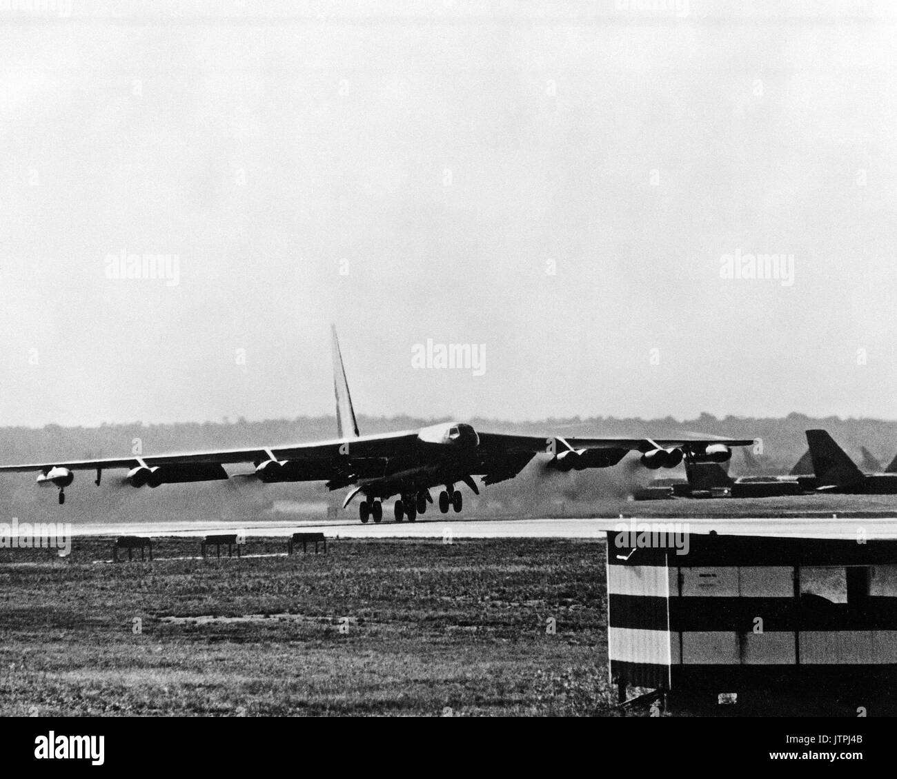Right front view of a B-52D Stratofortress aircraft from  Strategic Air Command taking off for a mission over North Vietnam during Operation LINEBACKER. Stock Photo