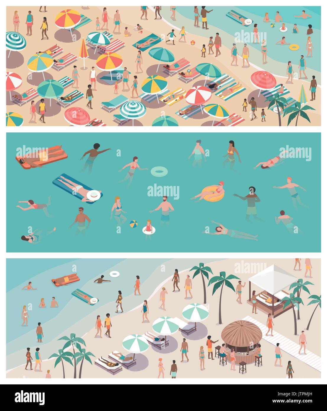 Summer vacations at the seaside beach banners set with happy people sunbathing and swimming Stock Vector