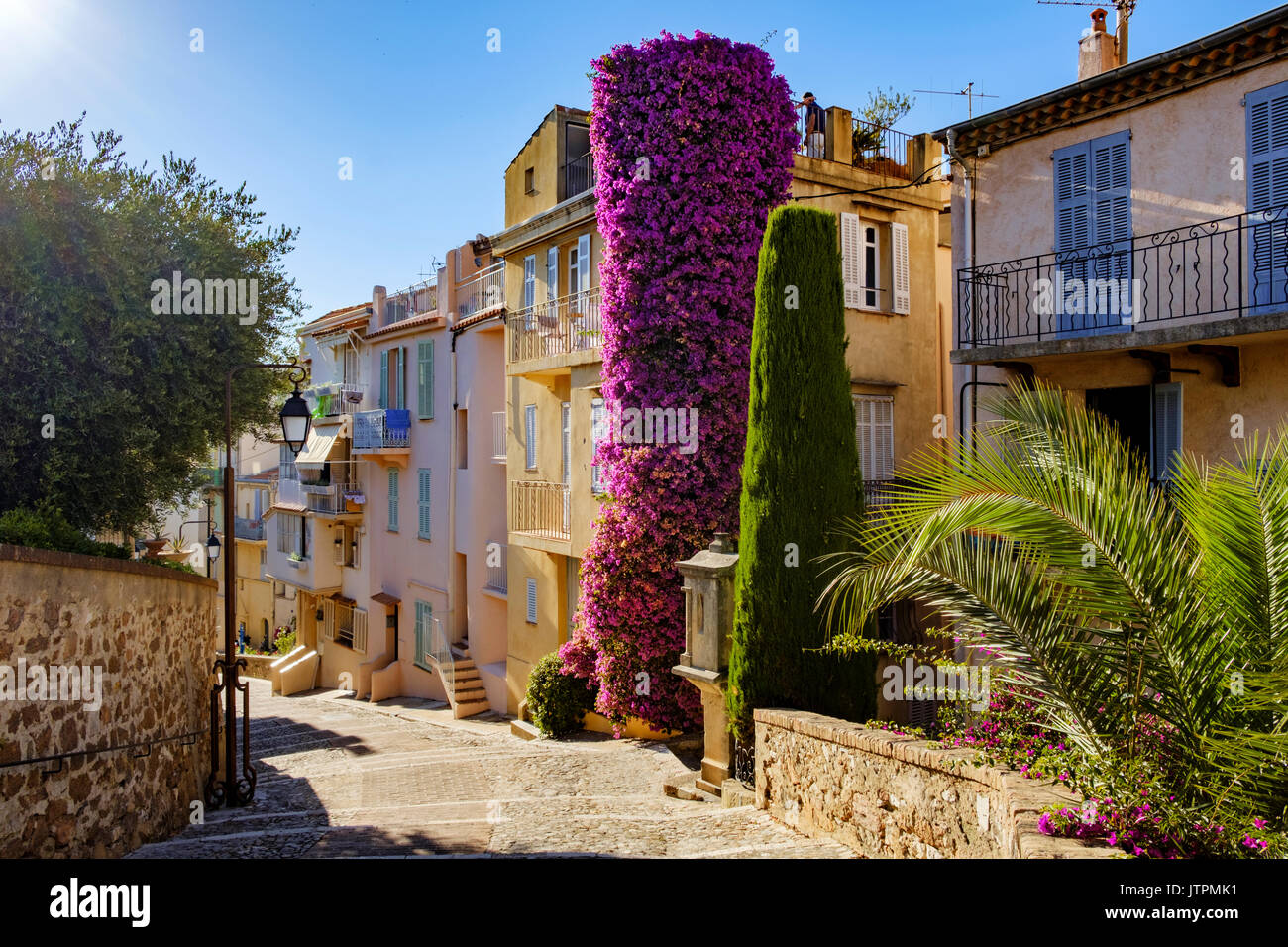 A Colourful street scene in Old Town, Le Suquet, in Cannes on the Cote D'azur in the South of France. The houses are painted in provincial shades Stock Photo