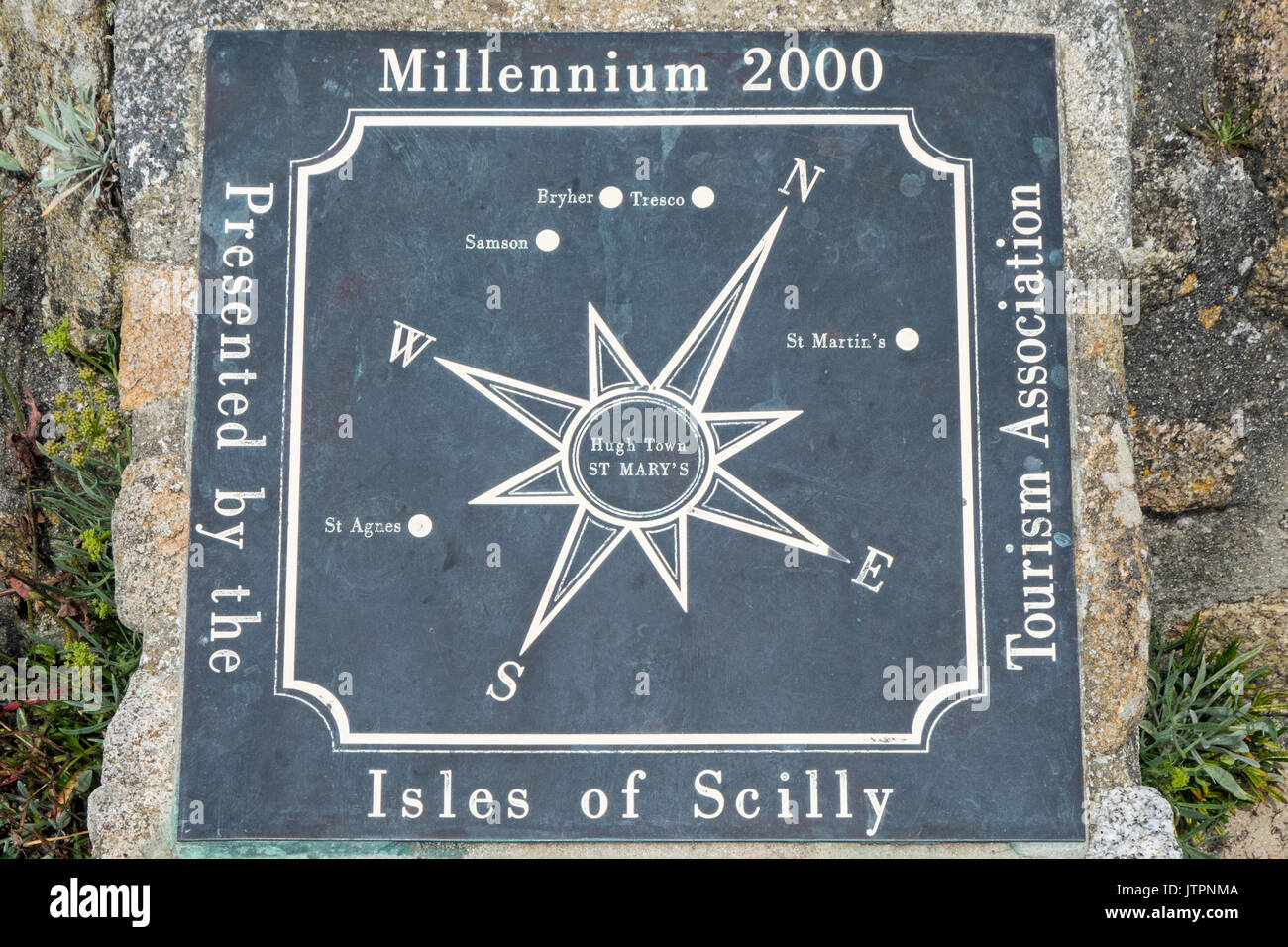 Compass rose plaque showing positions of islands  presented by the Tourism Association in 2000, St Mary's, Isles of Scilly Stock Photo