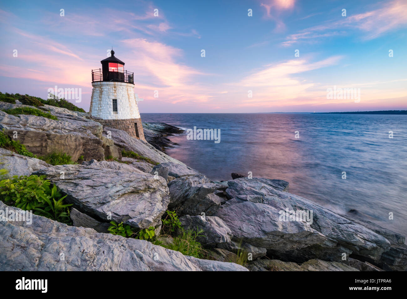 Castle Hill Light at Sunset, Newport, Rhode at Island Stock Photo