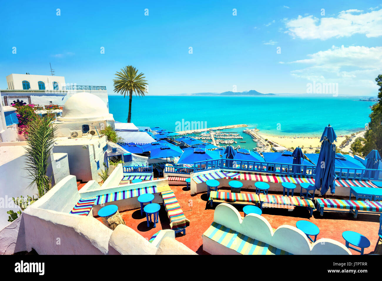 Beautiful top view of seaside and cafe terrace in Sidi Bou Said. Tunisia, North Africa Stock Photo
