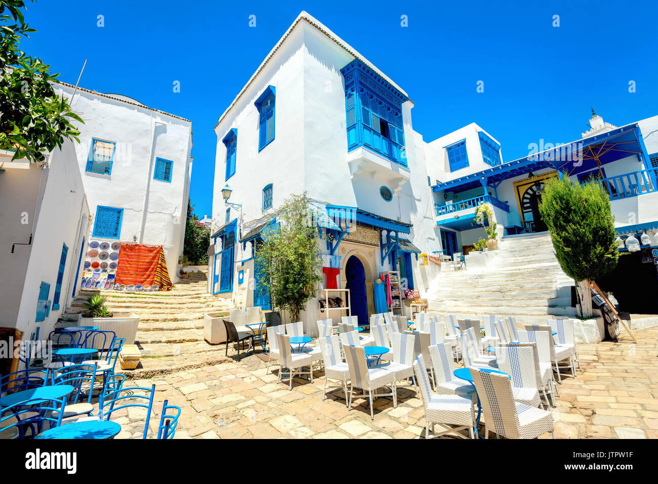 Cityscape with typical white blue colored houses in resort town Sidi Bou Said. Tunisia, North Africa Stock Photo