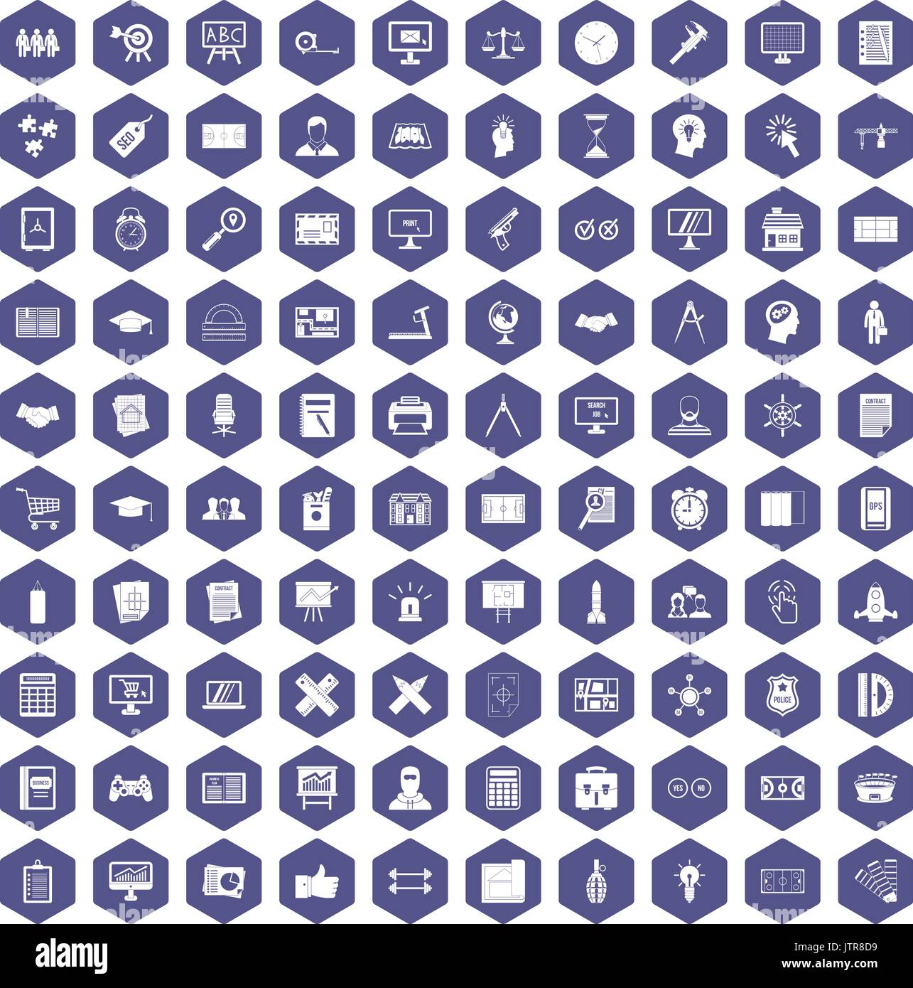 100 plan icons hexagon purple Stock Vector