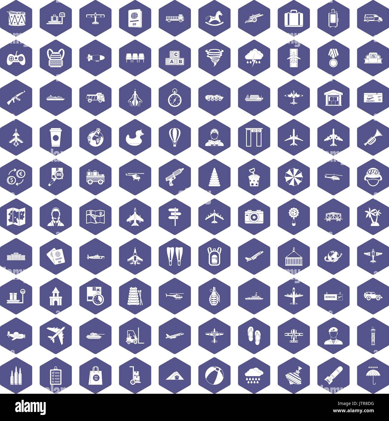 100 plane icons hexagon purple Stock Vector