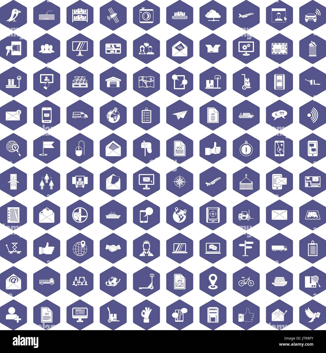 100 post and mail icons hexagon purple Stock Vector