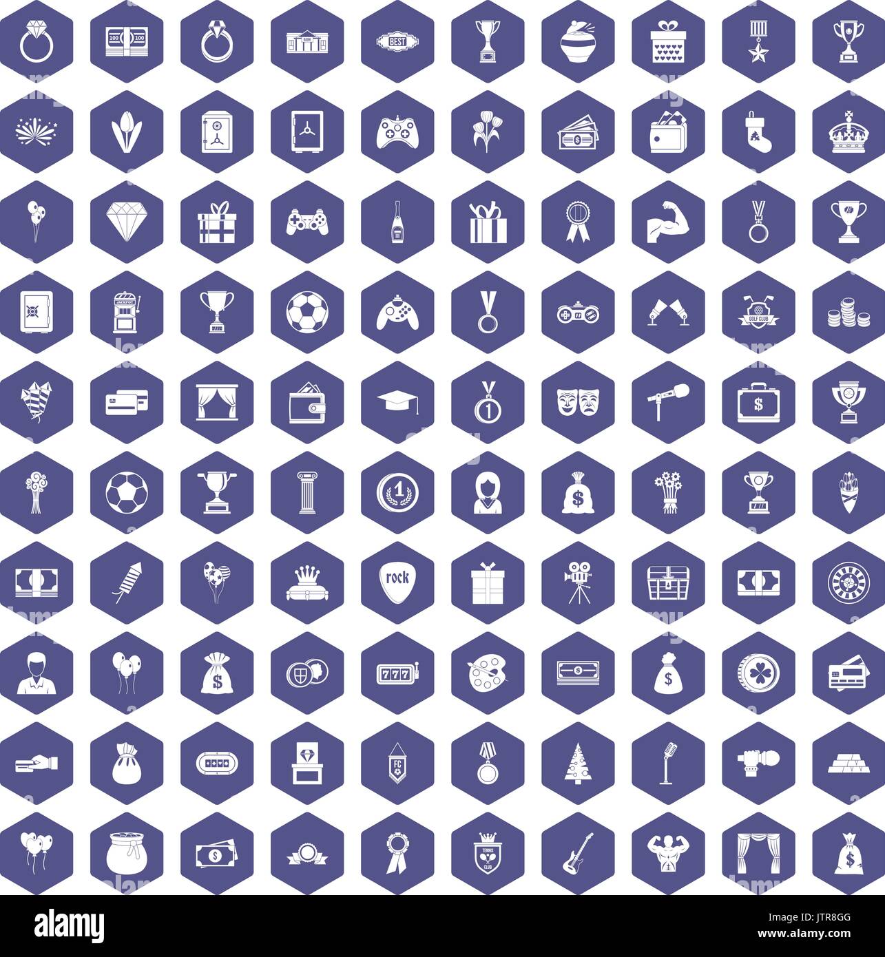 100 premium icons hexagon purple Stock Vector