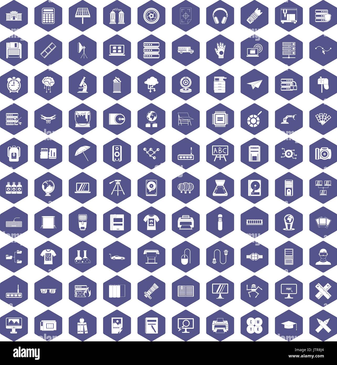 100 printer icons hexagon purple Stock Vector