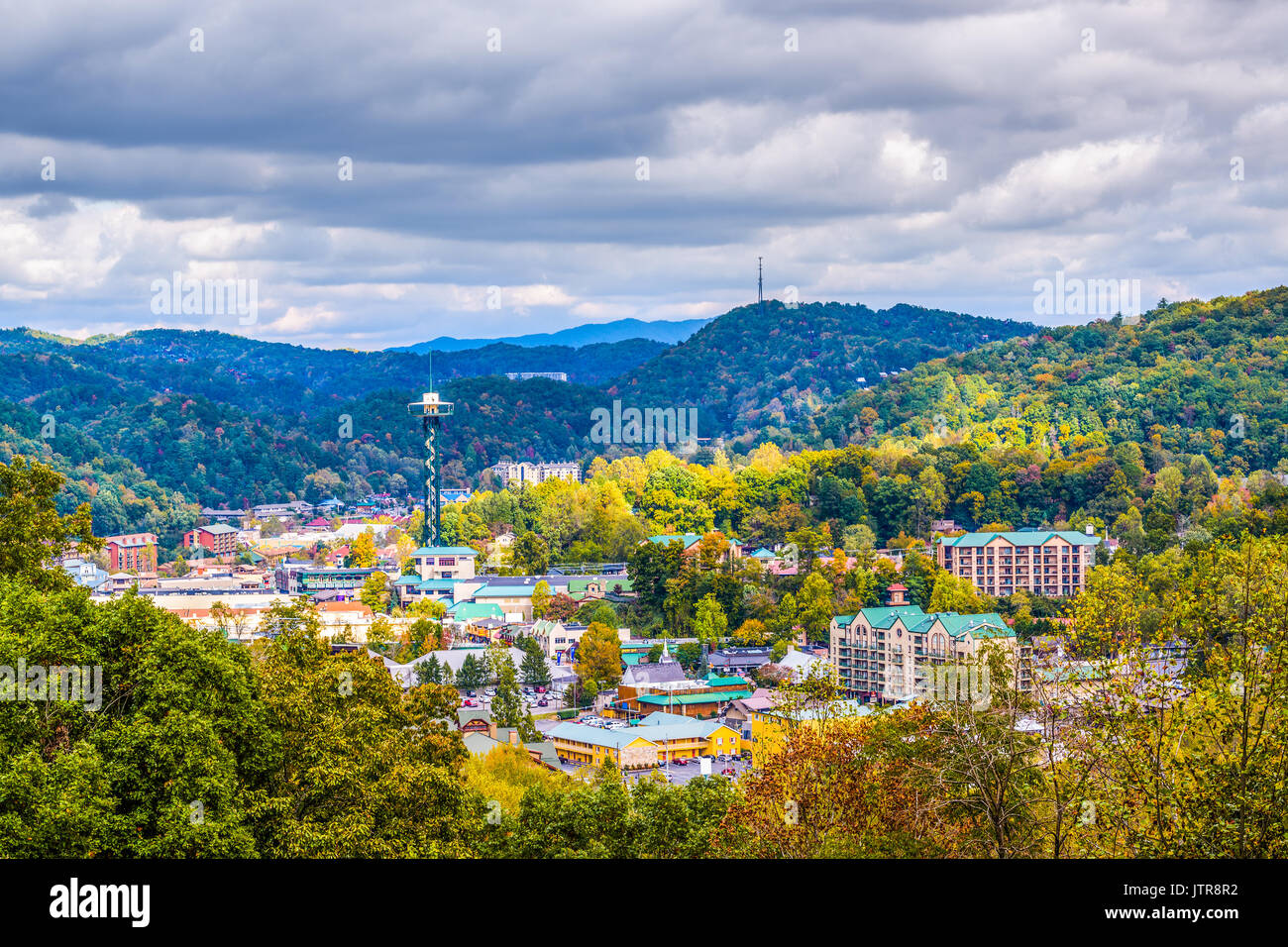 Gatlinburg, Tennessee, USA town skyline in the Smoky Mountains. Stock Photo