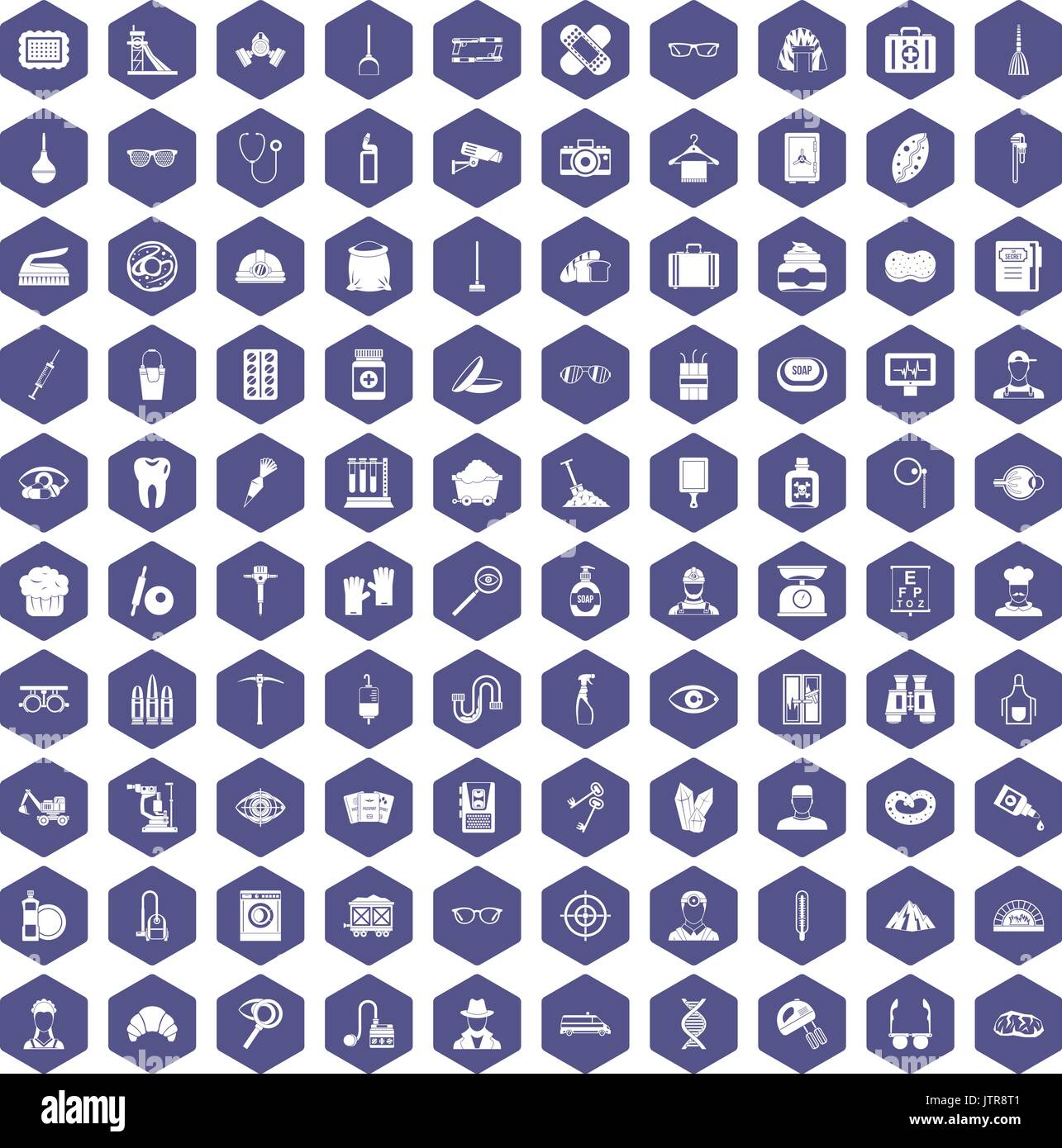 100 profession icons hexagon purple Stock Vector