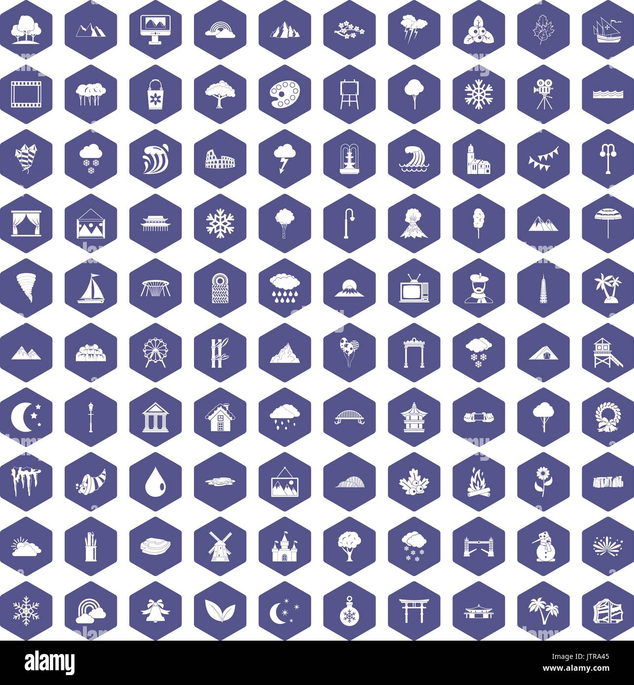 100 scenery icons hexagon purple Stock Vector