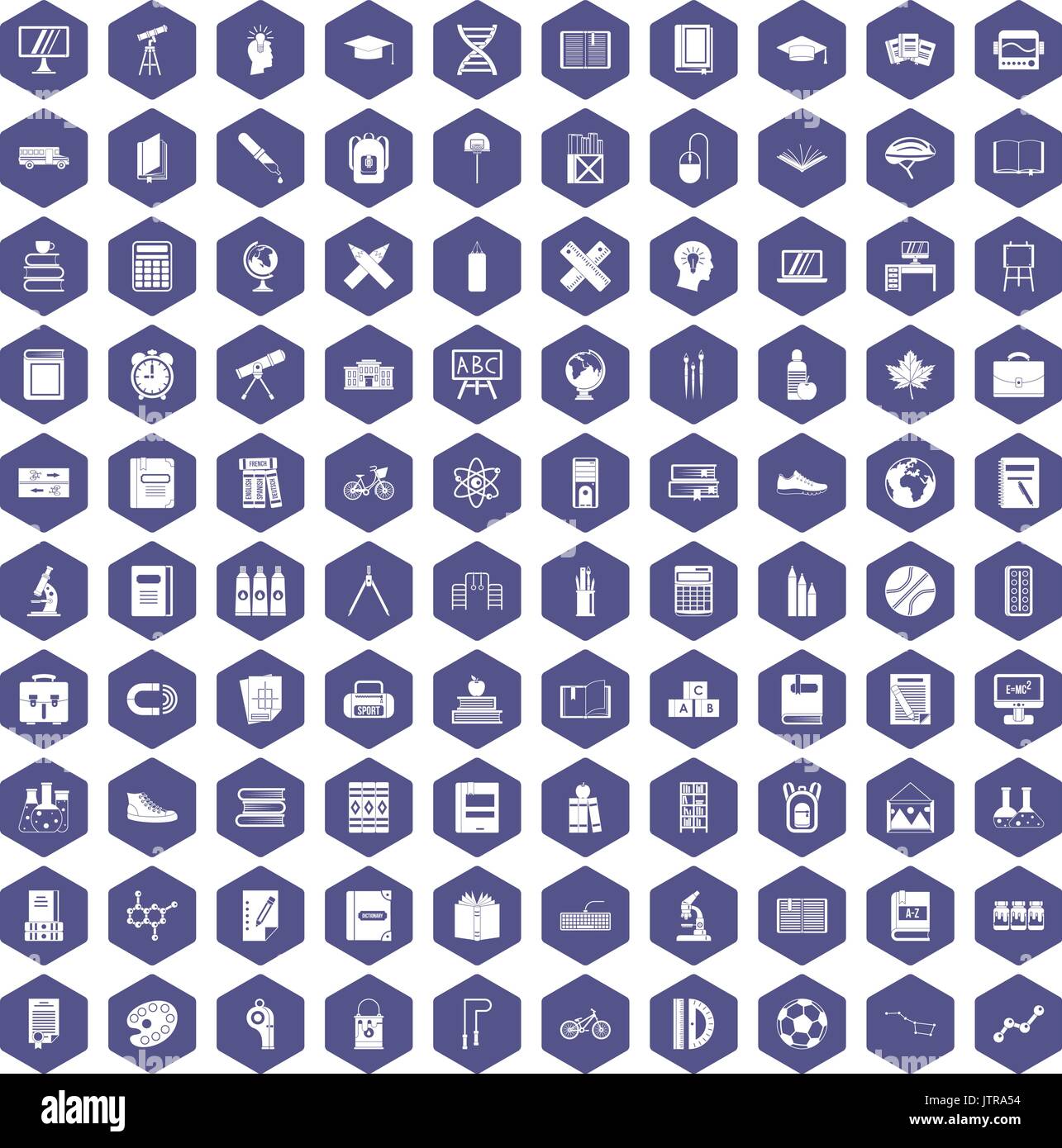 100 school icons hexagon purple Stock Vector