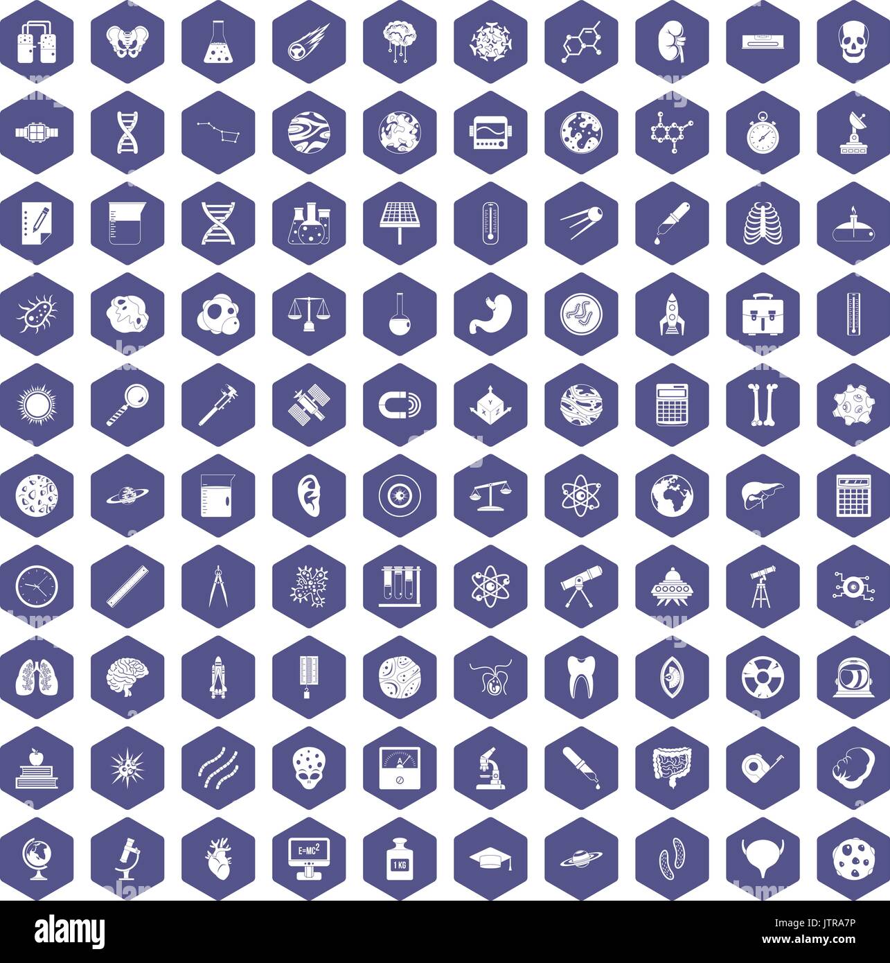 100 science icons hexagon purple Stock Vector