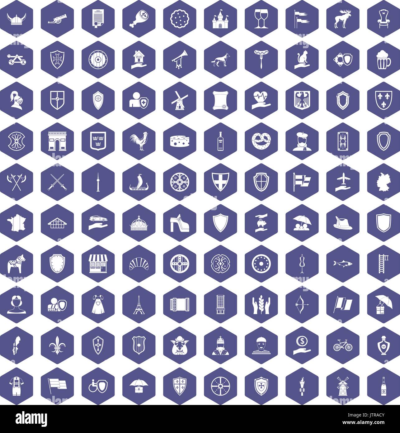 100 shield icons hexagon purple Stock Vector